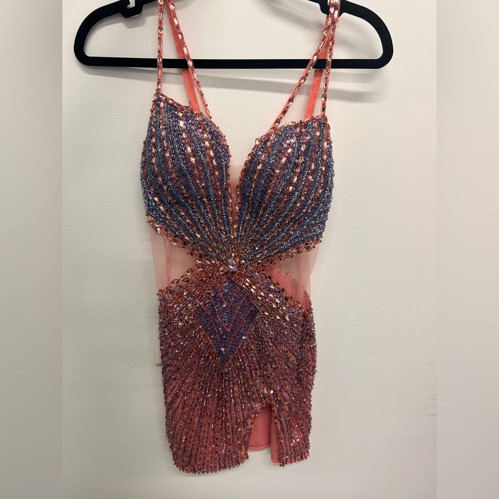 Portia & Scarlett Sheath Dress Elegant Pink and Blue Sequin butterfly Dress - Picture 2 of 6